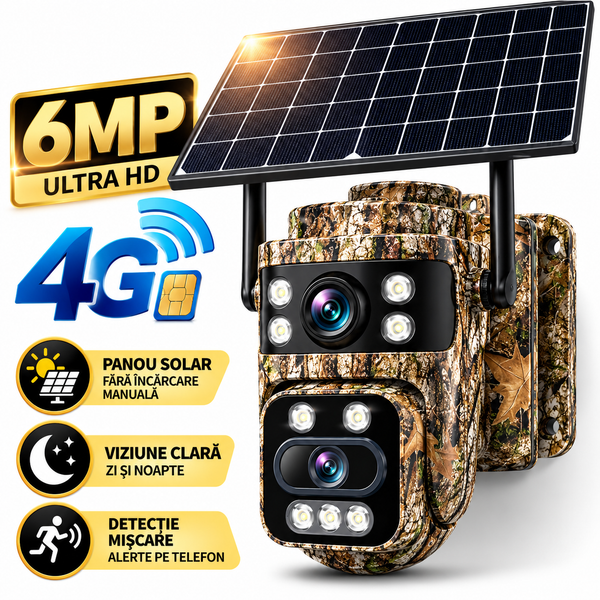 Cameră de Supraveghere Solară 4G – 6MP, Control de pe Telefon, Dual Lens
